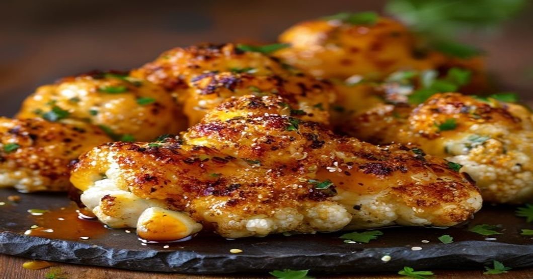 Sticky honey garlic cauliflower bites, crispy roasted bites with sweet & savory glaze