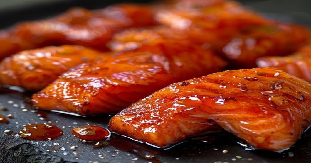 Sticky maple soy glazed salmon bites on a plate