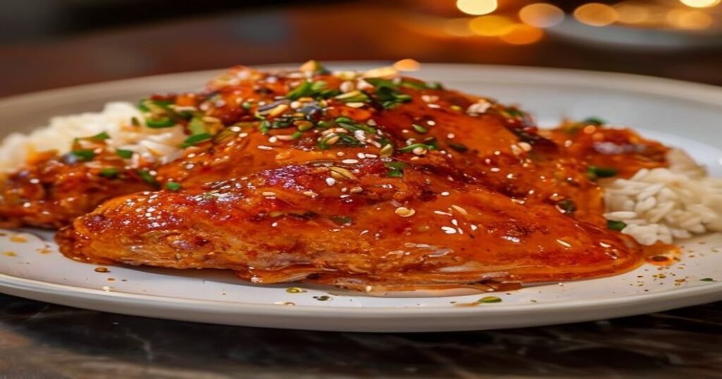 Sticky Sesame Orange Chicken with glossy glaze and sesame seeds