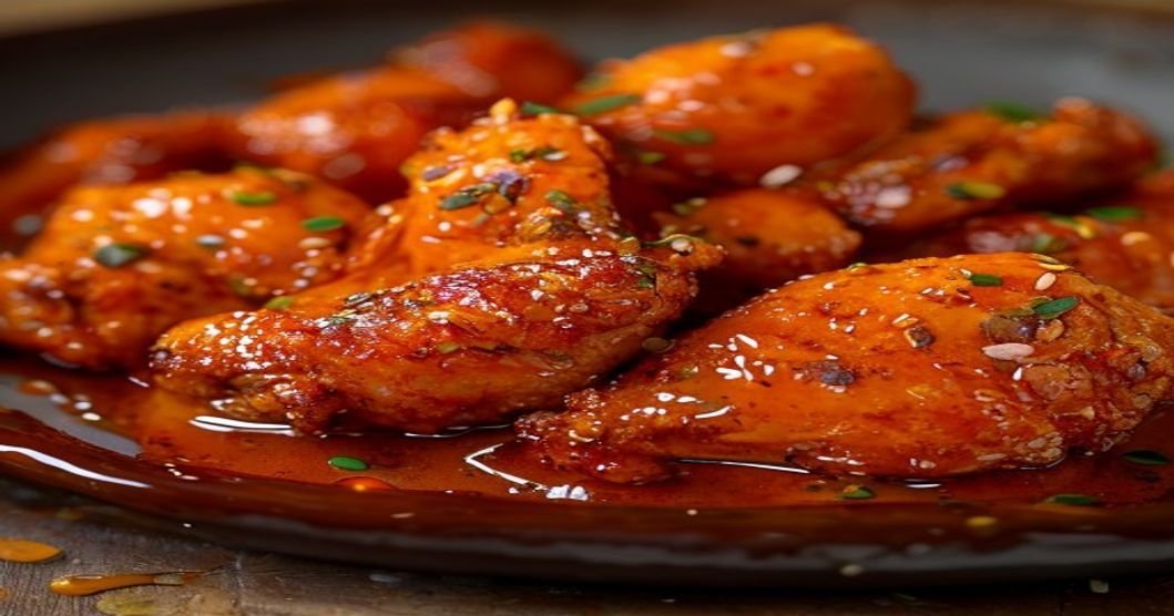 Spicy sticky sesame orange chicken with crispy coating and citrus glaze