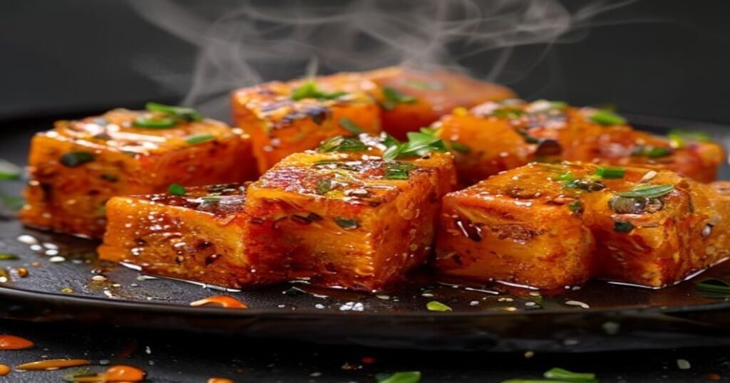 Spicy sticky vegan orange tofu with crispy edges and citrus glaze (118 characters)