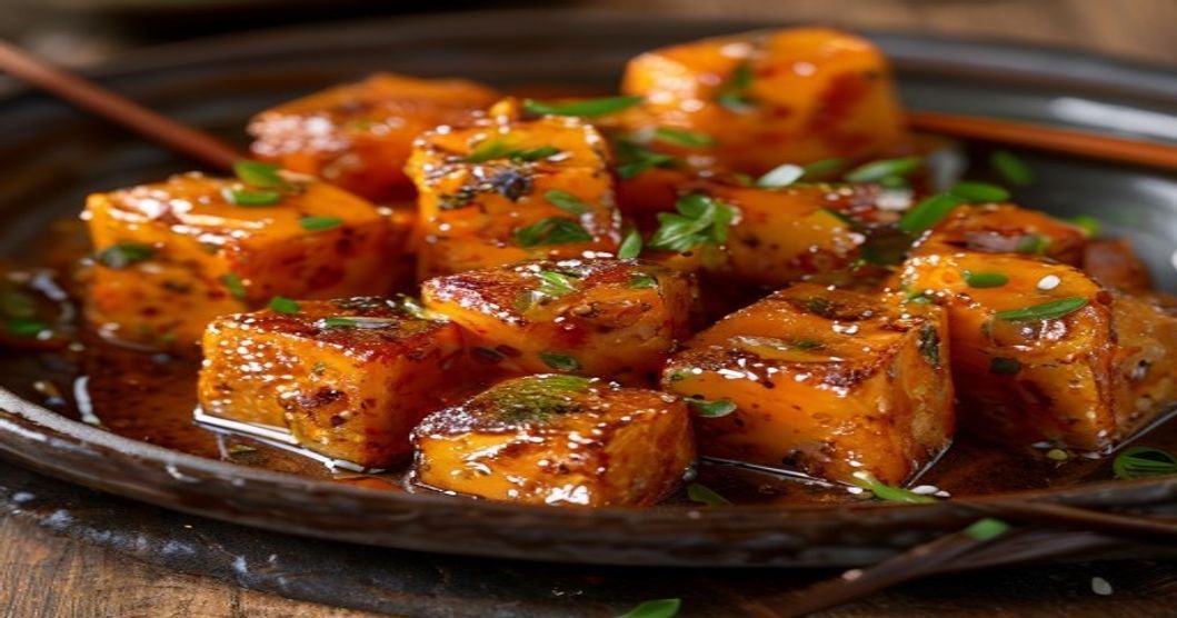 Spicy sticky vegan orange tofu with crispy edges and citrus glaze (118 characters)