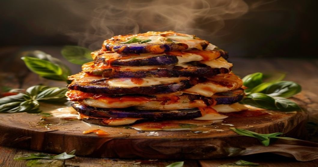 Crispy baked eggplant Parmesan with golden breading and melted cheese