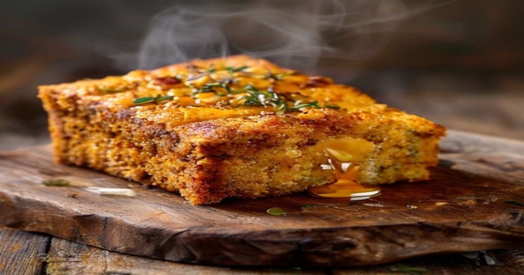 Soft golden vegan cornbread slice on wooden board with fresh herbs (118 chars)