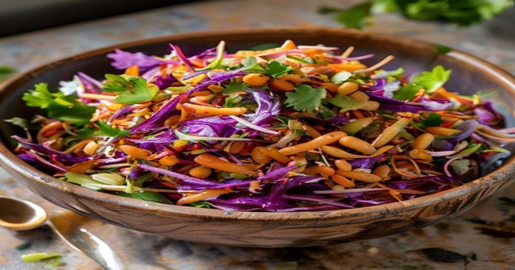 Vegan Asian slaw with creamy peanut dressing, fresh and crunchy