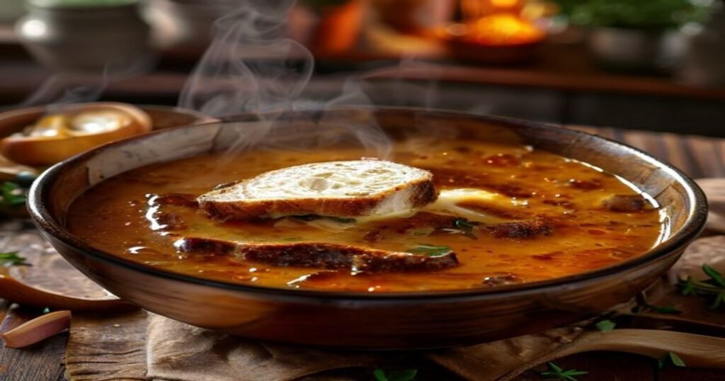 Vegan French onion soup with caramelized onions and vegan cheese