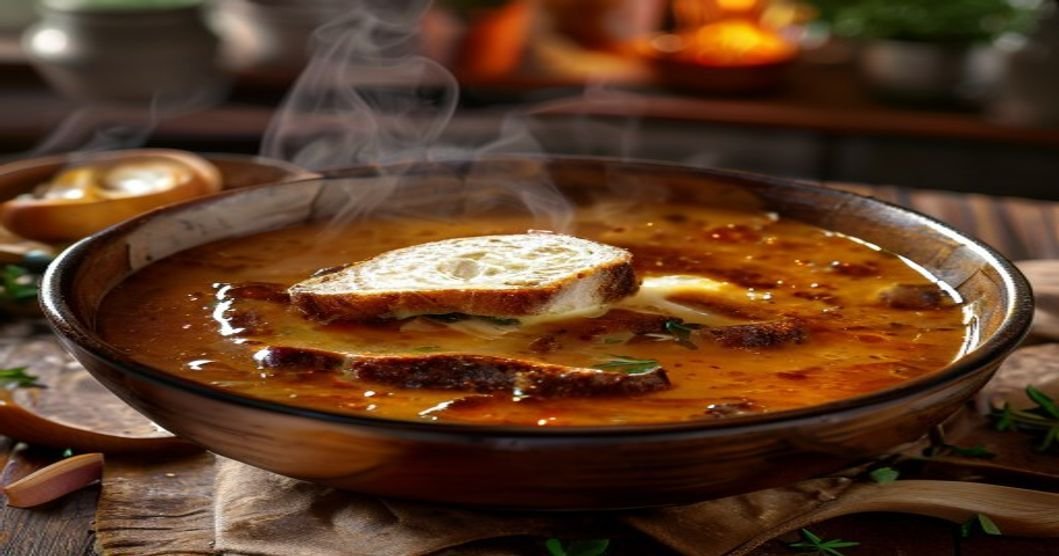 Vegan French onion soup with caramelized onions and vegan cheese
