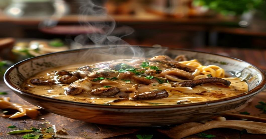 Creamy vegan mushroom stroganoff with dairy-free sauce (118 characters)