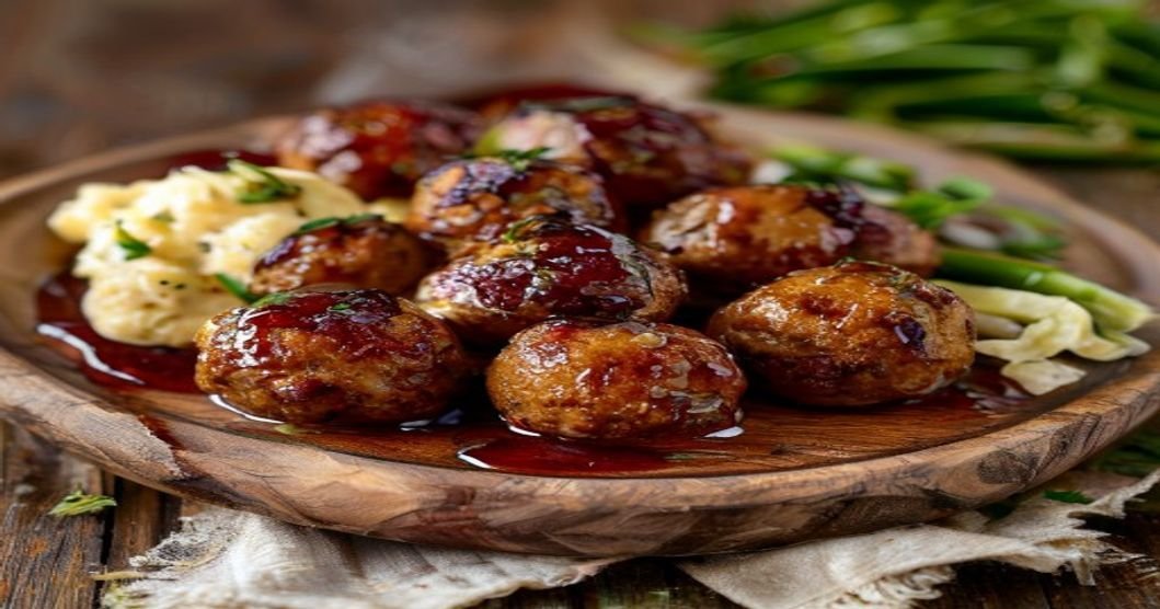 Vegan Swedish meatballs with lingonberry jam on a plate (118 characters)