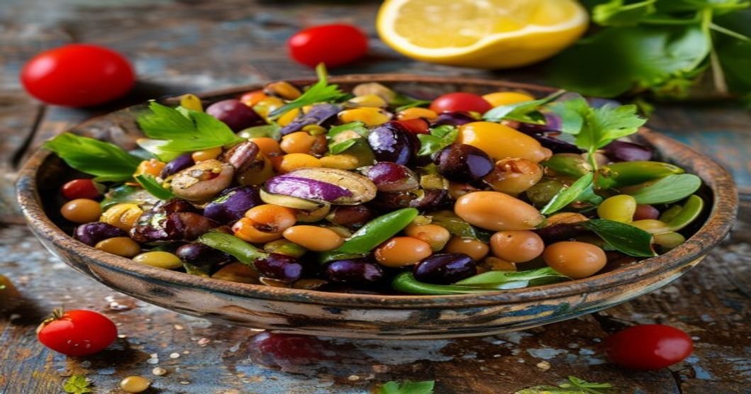 Vegan three bean salad with fresh herbs and tangy dressing