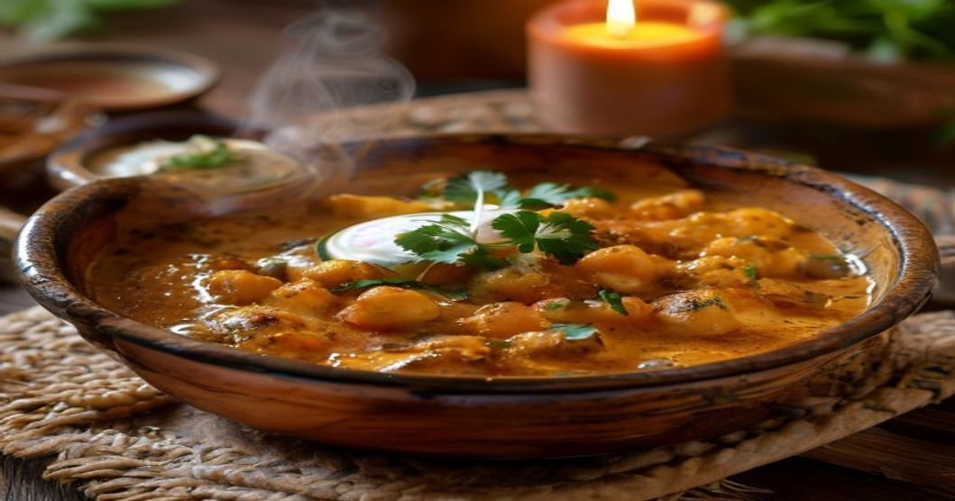 Warm Sunday korma with sweet potato and chickpea in creamy coconut sauce (118 chars)