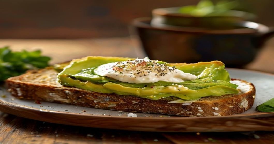 Fresh avocado toast with herbs and spices on rustic bread, healthy breakfast idea