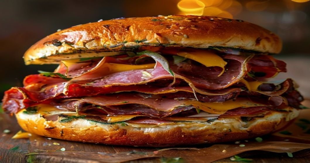 Spicy Italian grinder with salami, ham, provolone, peppers & fresh herbs on toasted bread