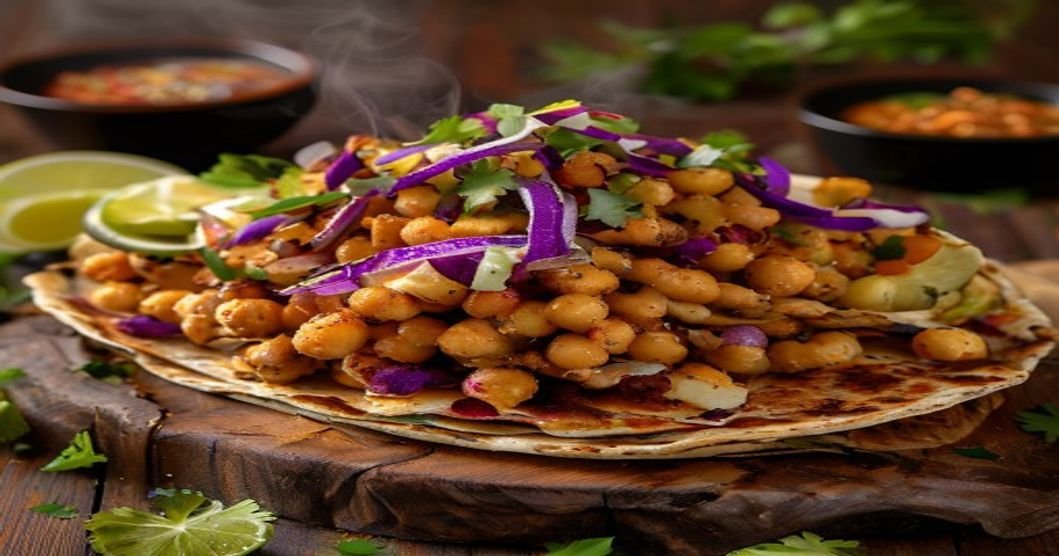 Spicy crispy air fryer chickpea tacos with fresh toppings (118 chars)