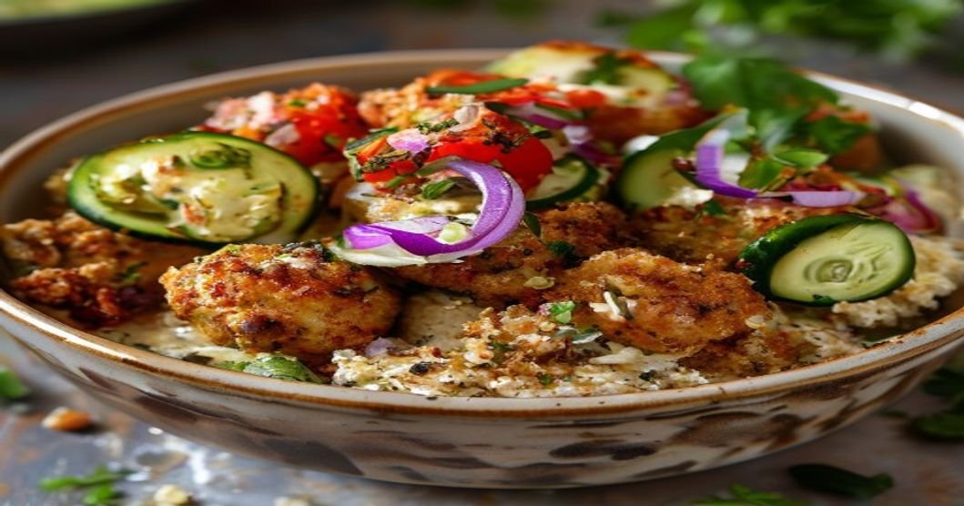 Spiced chickpea falafel bowl with crispy texture, fresh veggies, and creamy garlic tahini sauce