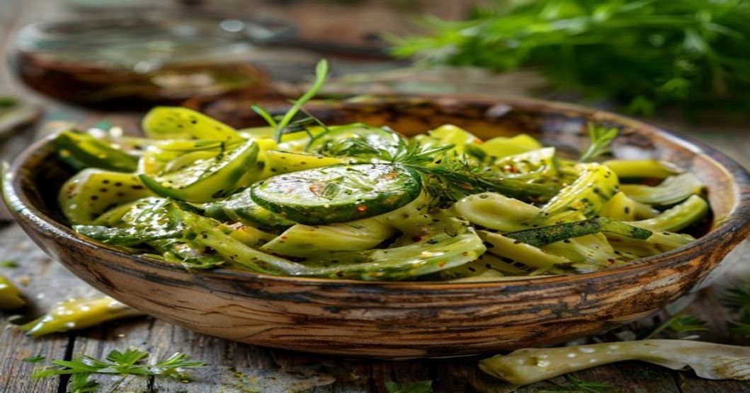 Spicy dill pickle pasta salad with fresh herbs and tangy dressing (118 characters)