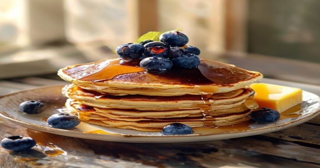Fluffy vegan blueberry pancakes stacked high