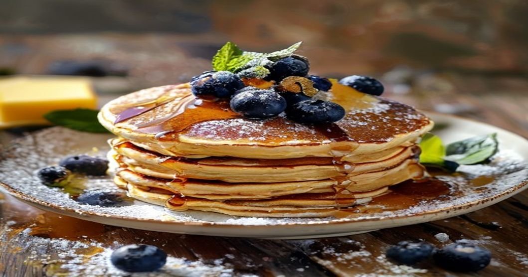 Fluffy vegan blueberry pancakes stacked high with maple syrup