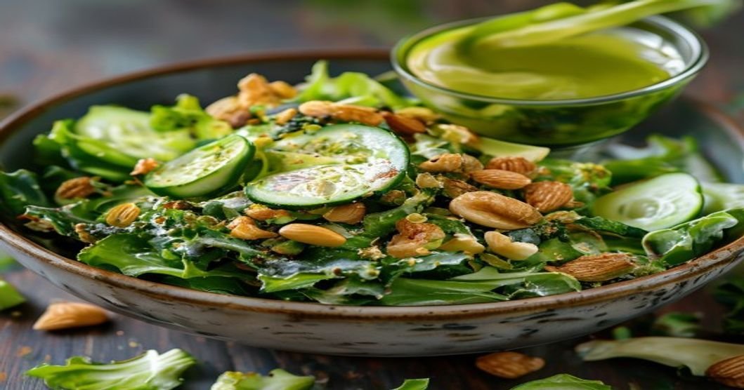 Fresh green goddess crunch salad with creamy avocado dressing in a white bowl (118 chars)