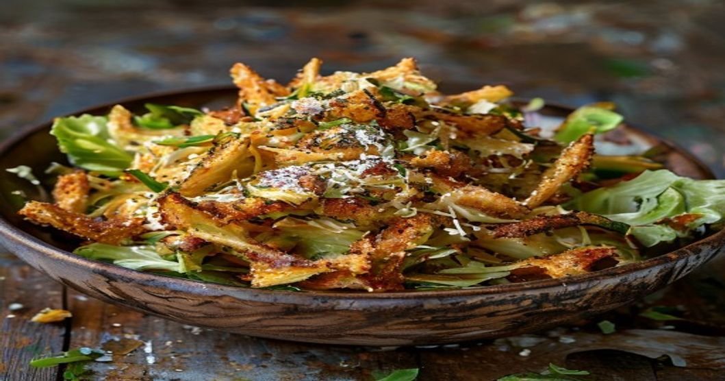 Shredded Brussels sprouts Caesar salad with crispy croutons & tangy dressing