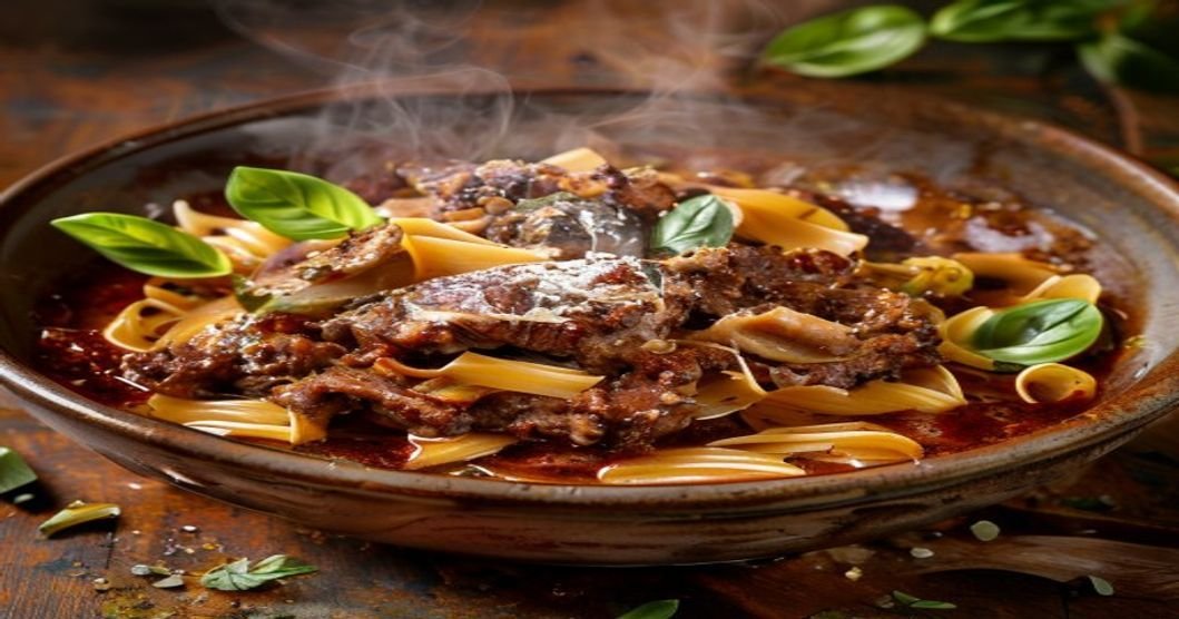 Slow cooker beef ragu with tender beef, tomatoes, and herbs in a rich sauce (118 characters)