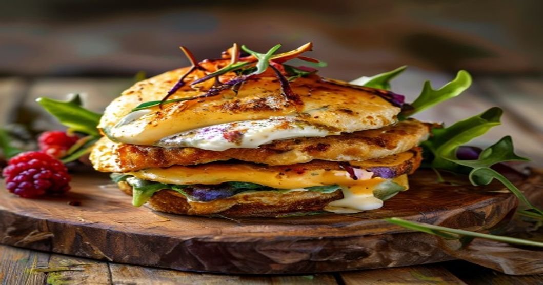 Vegan breakfast sandwich with cashew cheese on whole wheat