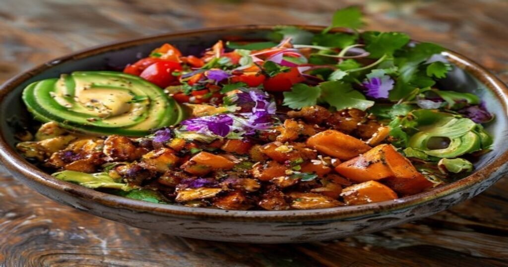 Vegan Buddha bowl with creamy tahini dressing, packed with fresh veggies & grains