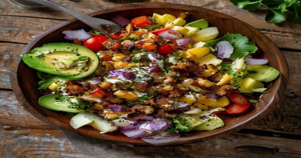 Vegan Cobb salad with tempeh bacon, fresh greens, avocado, and veggies