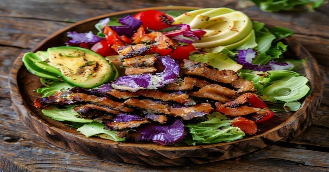 Here are concise, SEO-friendly alt text options under 120 characters: 1. **Vegan Cobb salad with crispy tempeh bacon and fresh veggies** 2. **Plant-based Cobb salad featuring tempeh bacon and creamy dressing** 3. **Healthy vegan Cobb salad with smoky tempeh bacon and avocado** 4. **Colorful vegan Cobb salad with tempeh bacon and dairy-free dressing** 5. **Protein-packed vegan Cobb salad with tempeh bacon and greens**