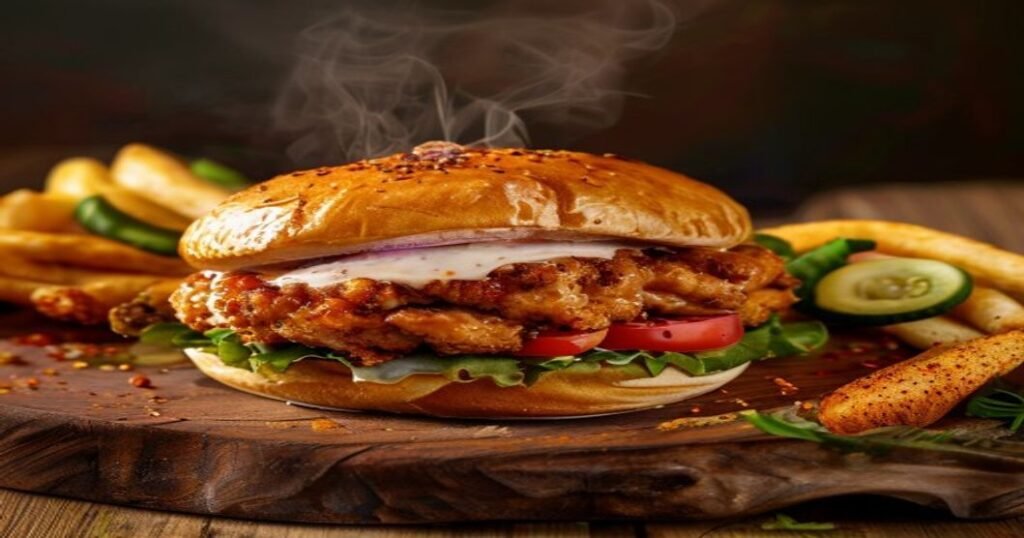 Vegan crispy seitan chicken sandwich with plant-based breading and tangy sauce (118 chars)