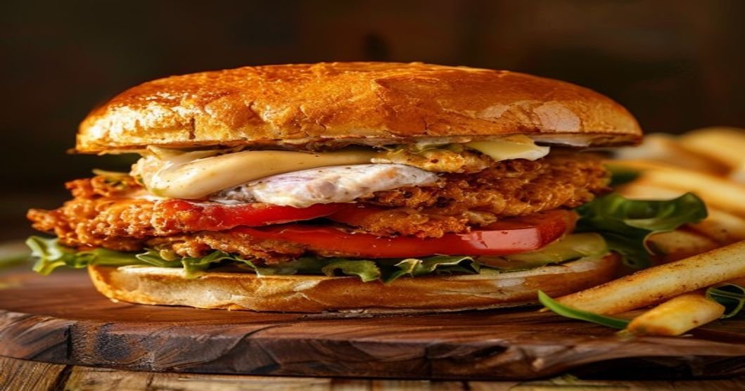 Vegan crispy seitan chicken sandwich with plant-based breading and tangy sauce (118 characters)