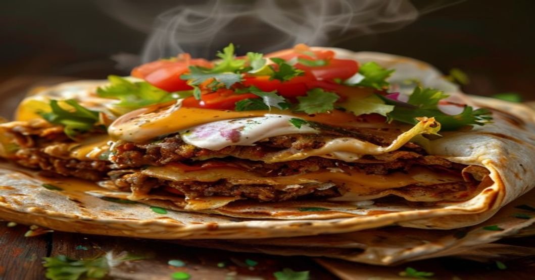 Spicy vegan Crunchwrap Supreme with plant-based beef, dairy-free cheese, and fresh veggies in a crispy tortilla