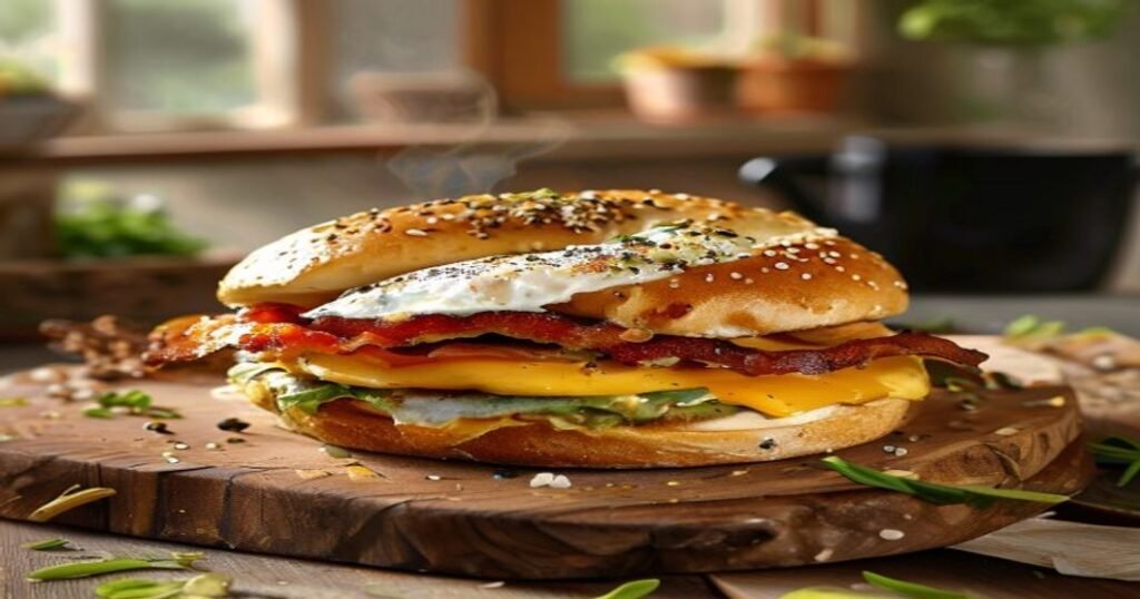 Vegan everything bagel breakfast sandwich with plant-based fillings