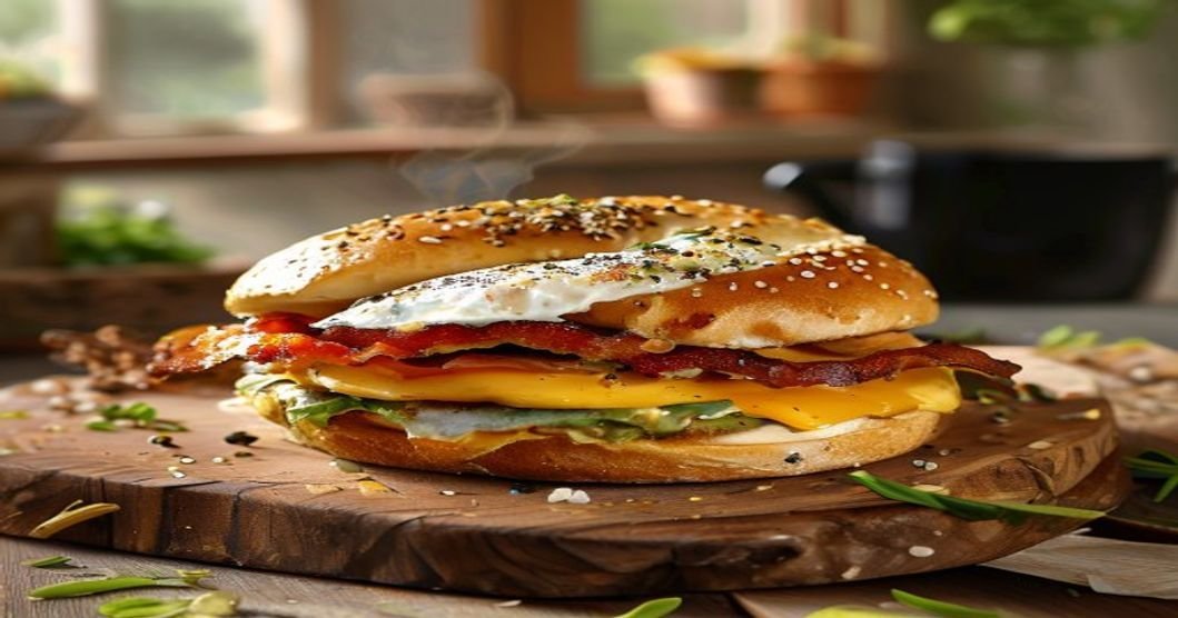 Vegan everything bagel breakfast sandwich with plant-based fillings