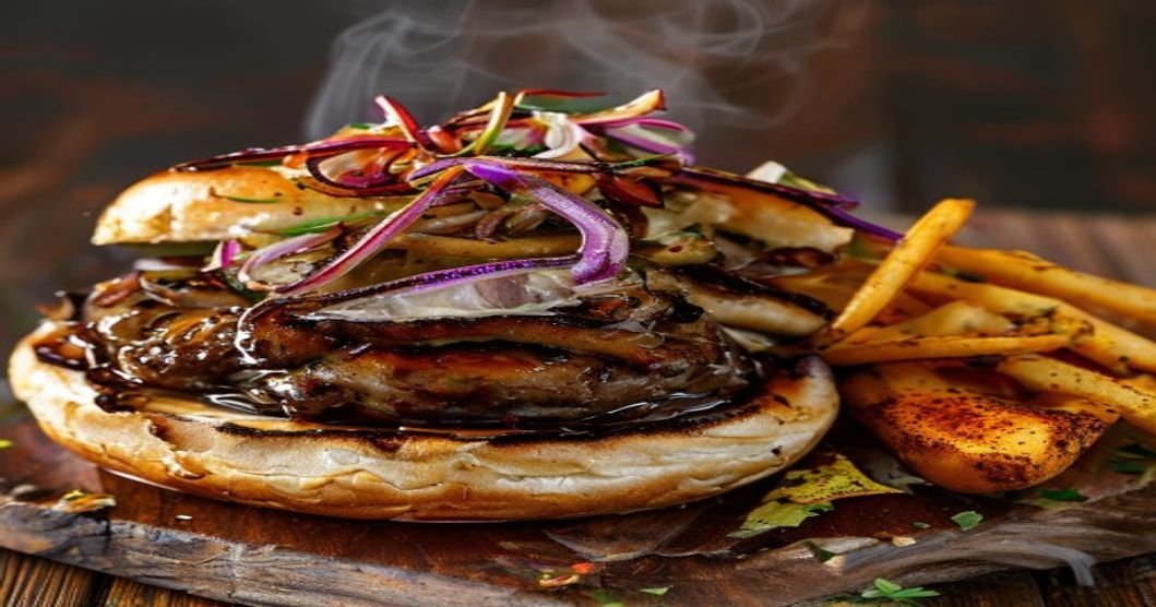 Here are some concise and SEO-friendly alt text options under 120 characters: 1. **Vegan mushroom pulled pork sandwich with BBQ sauce** 2. **Plant-based pulled pork made from mushrooms** 3. **Meaty vegan pulled pork with savory mushrooms** 4. **BBQ mushroom pulled pork – vegan & delicious** 5. **Hearty vegan pulled pork substitute with mushrooms** 6. **Savory mushroom pulled pork – 100% plant-based** 7. **Vegan BBQ pulled pork made from mushrooms** 8. **Juicy mushroom pulled pork – great meat alternative**