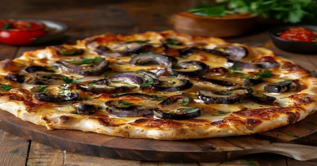 Vegan Philly cheesesteak pizza with peppers & onions on crispy crust