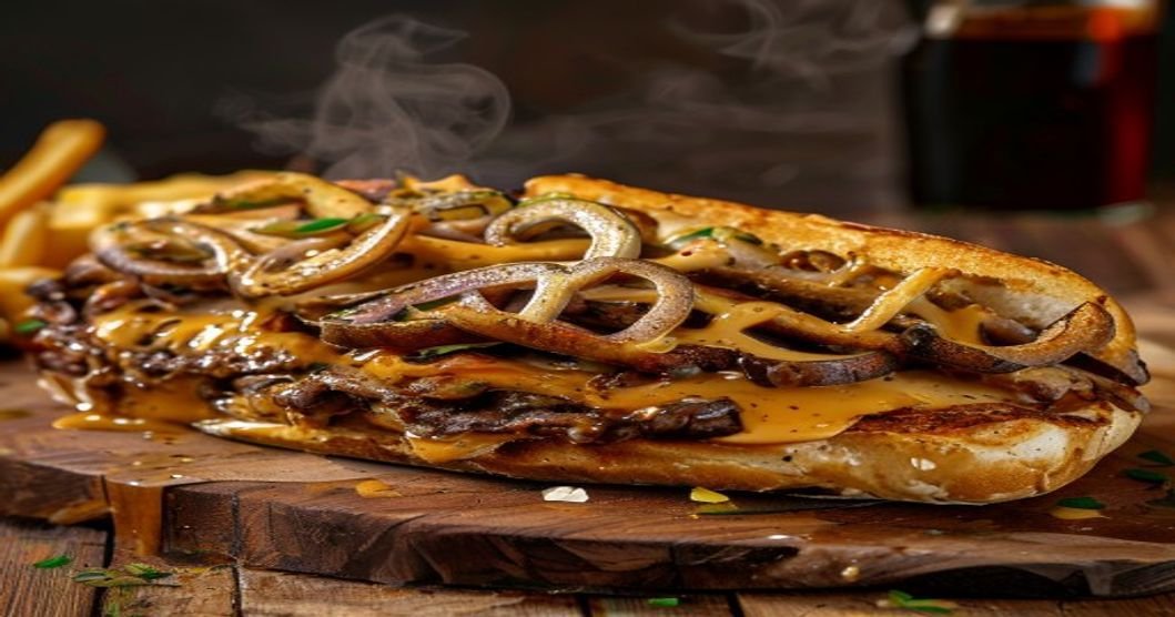 Vegan Philly cheesesteak with portobello mushrooms, peppers, onions, and melty dairy-free cheese on a toasted roll (118 chars)