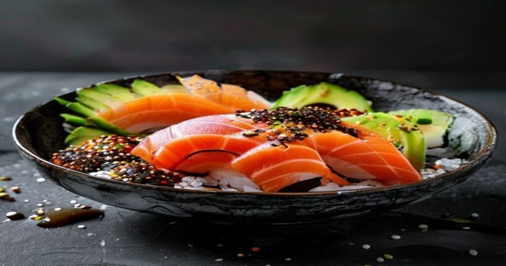 Vegan sushi bowl with fresh veggies, avocado, and rice