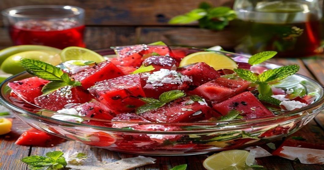 Fresh summer watermelon mint salad with zesty lime glaze on a white plate