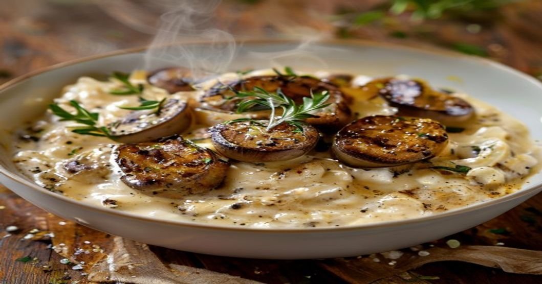 Vegan cashew cream mushroom risotto with creamy texture and rich umami flavor (118 chars)