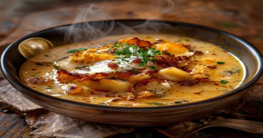 Vegan loaded potato soup with creamy cashew base, herbs, and toppings (118 characters)