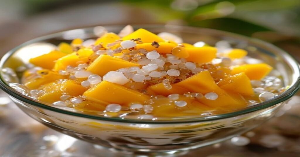 Vegan mango coconut sago dessert with creamy texture and tropical flavors (119 characters)