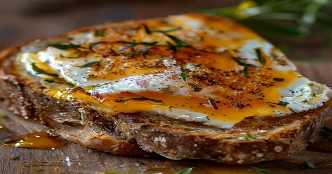 Viral baked feta egg toast on crispy bread with creamy feta & runny yolk