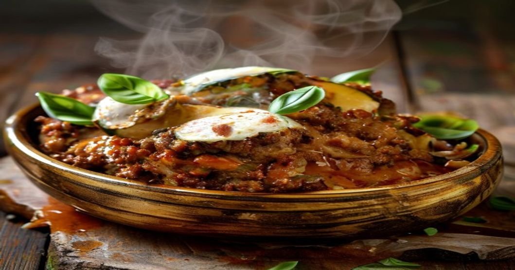 Healthy zucchini boat stuffed with lean turkey Bolognese sauce and melted cheese (118 characters)