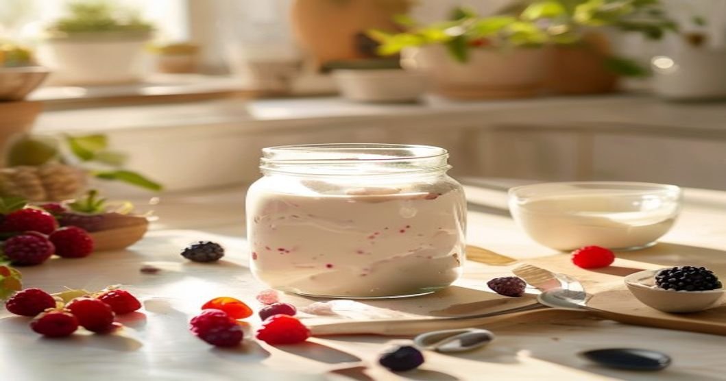 Here are some concise and SEO-friendly alt text options under 120 characters for your vegan yogurt image: 1. **Homemade vegan yogurt in a jar with spoon, no equipment needed** 2. **Easy vegan yogurt recipe made at home without special tools** 3. **Creamy vegan yogurt in a bowl, simple DIY method** 4. **Step-by-step vegan yogurt making with basic ingredients** 5. **Thick and tangy vegan yogurt made at home, no starter needed** Each keeps it clear, descriptive, and keyword-rich while staying under the limit.