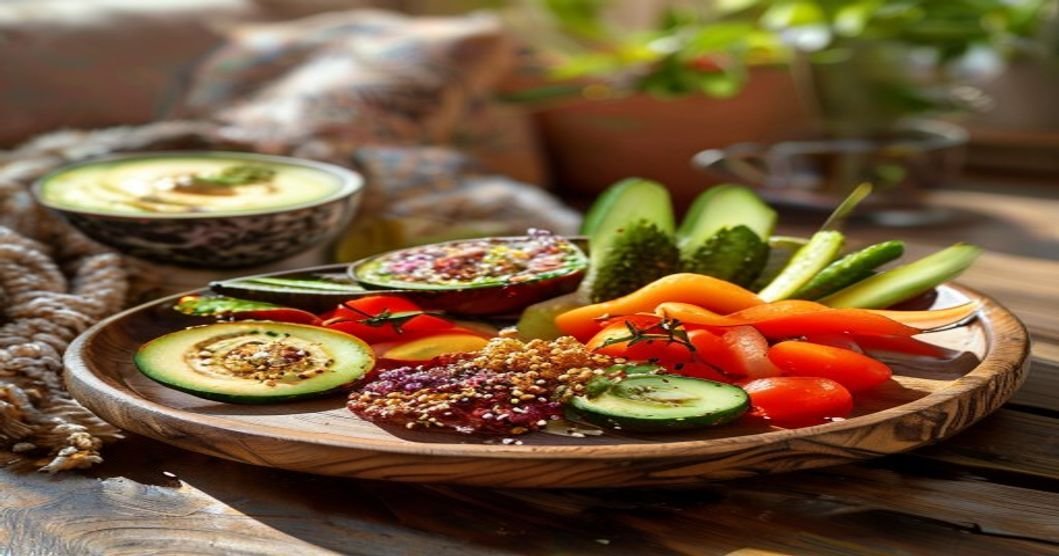 Vegan snack plate for a lazy afternoon with fresh fruits, nuts, and dips