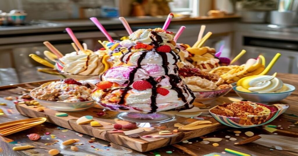 Vegan ice cream sundae bar with fresh fruit, nuts, and dairy-free toppings (119 characters)
