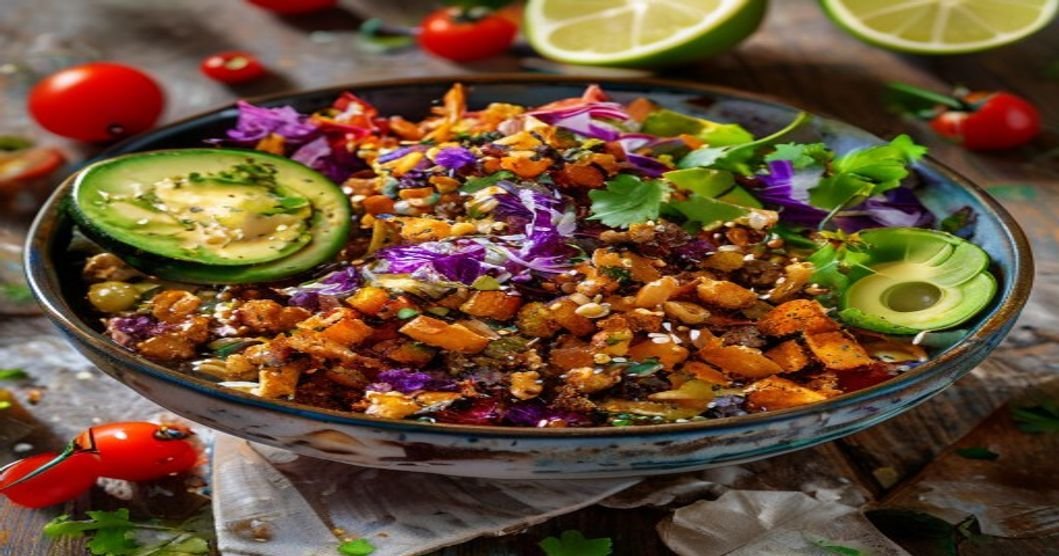 Vegan power bowl recipe with fresh veggies, grains & protein