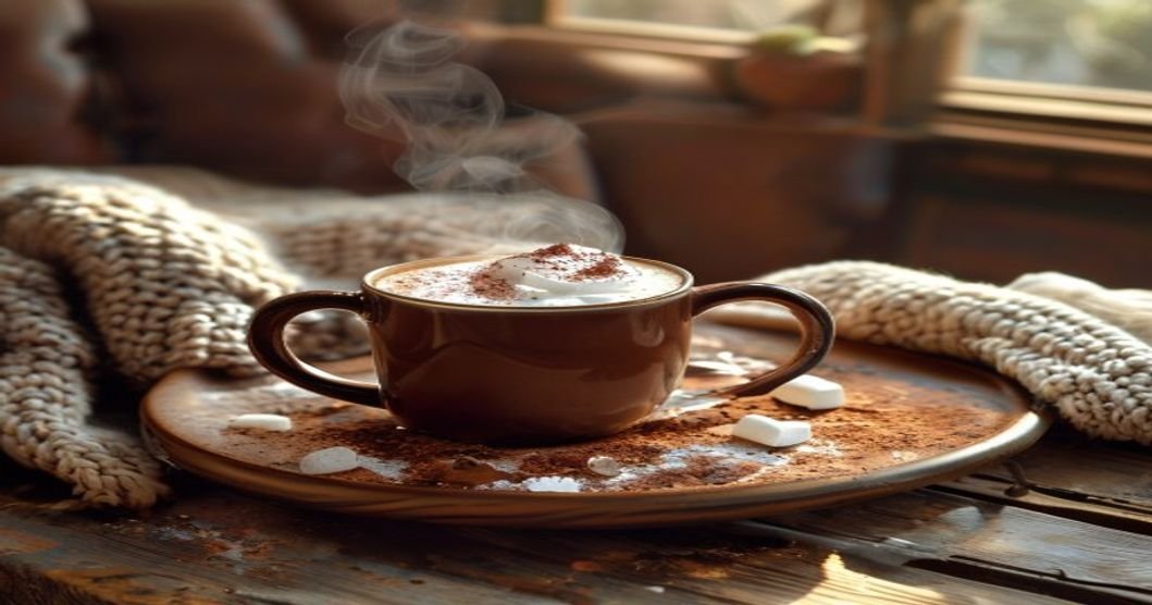 Vegan hot chocolate in a cozy mug with marshmallows