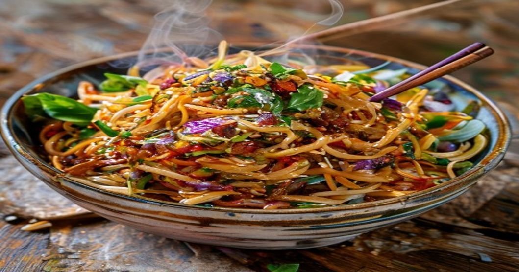 Here are some concise and SEO-friendly alt text options under 120 characters: 1. **Vegan spicy peanut noodle salad in a bowl with fresh veggies** 2. **Colorful vegan peanut noodle salad with spicy sauce** 3. **Easy vegan lunch: spicy peanut noodle salad with herbs** 4. **Delicious vegan spicy peanut noodle salad recipe** 5. **Fresh and flavorful vegan peanut noodle salad bowl** Each keeps it descriptive, keyword-rich, and under the limit.